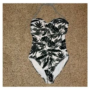 Old Navy Floral Black-White Padded Bust One Piece